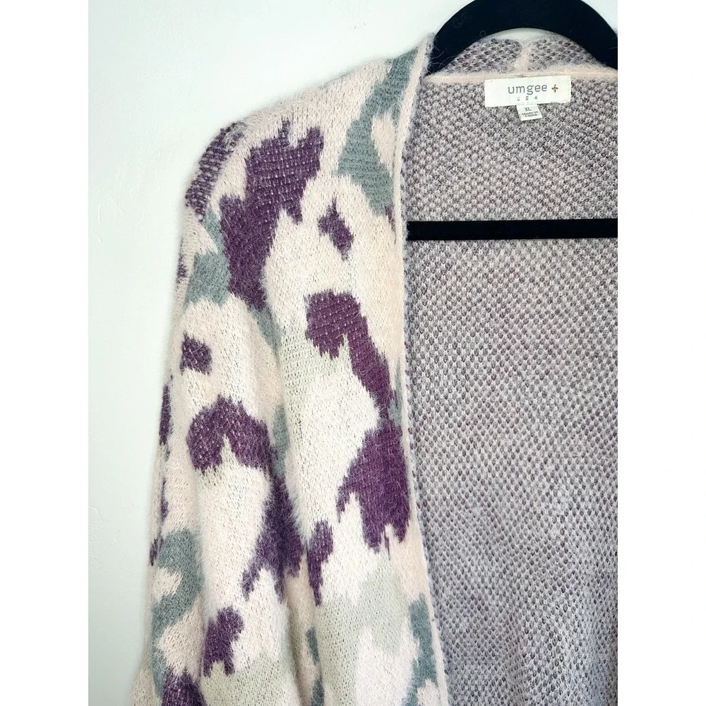 Umgee Boho Oversized Fuzzy‎ Knit Long Cardigan Sweater XL Pink Purple Abstract